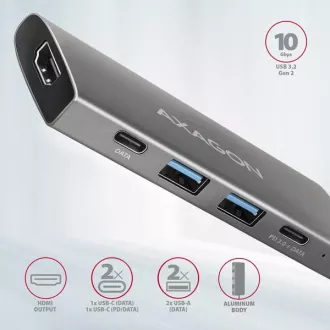 AXAGON HMC-5G21, USB 10Gb/s Hub, 2x USB-A, 2x USB-C, HDMI 4k/30, PD 60W, USB-C Kabel 13cm