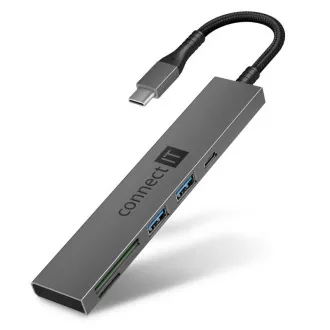 CONNECT IT USB-C Hub, 2x USB-A, 1x USB-C, 1x SD-Karte, 1x MicroSD-Karte, grau CONNECT IT USB-C Hub, 2x USB-A, 1x USB-C, 1x SD-Karte, 1x MicroSD-Karte, grau