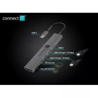 CONNECT IT USB-C Hub, 2x USB-A, 1x USB-C, 1x SD-Karte, 1x MicroSD-Karte, grau CONNECT IT USB-C Hub, 2x USB-A, 1x USB-C, 1x SD-Karte, 1x MicroSD-Karte, grau