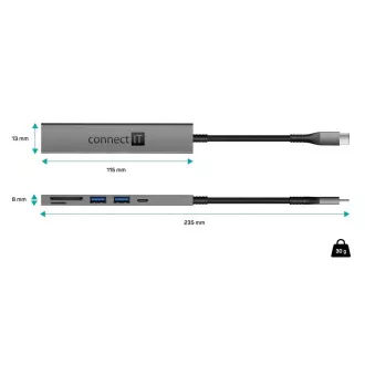CONNECT IT USB-C Hub, 2x USB-A, 1x USB-C, 1x SD-Karte, 1x MicroSD-Karte, grau CONNECT IT USB-C Hub, 2x USB-A, 1x USB-C, 1x SD-Karte, 1x MicroSD-Karte, grau