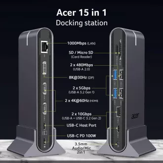 ACER 15in1 USB Typ-C Universal Mini-Dock: Host-Schnittstelle: USB-C, 2x USB-A 2.0, 1x USB-A 3.2 Gen2, 1x USB-A 3.2 Gen1, 1
