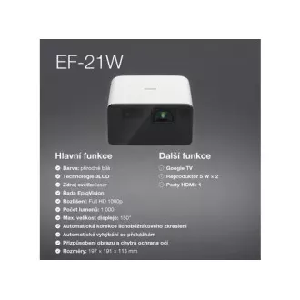 EPSON Projektor EF-21W, Full HD, Laser, 5.000.000:1, USB 2.0, HDMI, Miracast, 3,5mm Klinke, 5W Lautsprecher