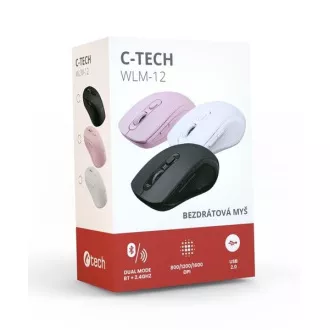 C-TECH Dual Mode Maus WLM-12PK, kabellos, 1600DPI, 6 Tasten, rosa, USB-Nano-Empfänger