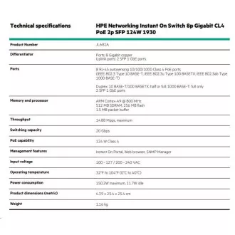 HPE Networking Instant On Switch 8p Gigabit CL4 PoE 2p SFP 124W 1930 (JL681) HPE Networking Instant On Switch 8p Gigabit CL4 PoE 2p SFP 124W 1930 (JL681)
