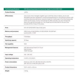 HPE Networking Instant On Switch 8p Gigabit CL4 PoE 65W (lüfterlos) 1830 (JL811A) HPE Networking Instant On Switch 8p Gigabit CL4 PoE 65W (lüfterlos) 1830 (JL811A)