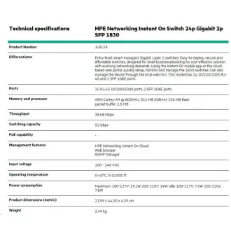 HPE Networking Instant On Switch 24p Gigabit 2p SFP 1830 (JL812A) HPE Networking Instant On Switch 24p Gigabit 2p SFP 1830 (JL812A)