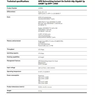 HPE Networking Instant On Switch 48p Gigabit 2p 10GBT 2p SFP 1960 (JL808A) HPE Networking Instant On Switch 48p Gigabit 2p 10GBT 2p SFP 1960 (JL808A)