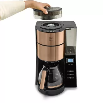 Melitta AromaFresh 1021-04 Kaffeemaschine mit Mahlwerk, Tropfschale, Glaskanne, 1180 W, Display, Kupfer