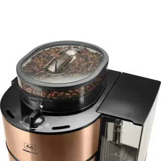 Melitta AromaFresh 1021-04 Kaffeemaschine mit Mahlwerk, Tropfschale, Glaskanne, 1180 W, Display, Kupfer