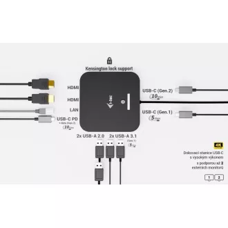i-tec USB-C Dual HDMI Docking Station, Power Delivery 100W