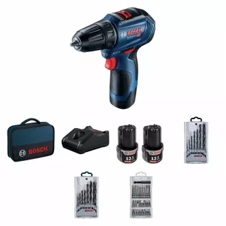 BOSCH GSR 12V-30, Akku-Bohrschrauber, 0 - 420 / 0 - 1.600 U/min, 8 mm, Bitsatz und Bohrer, Tasche