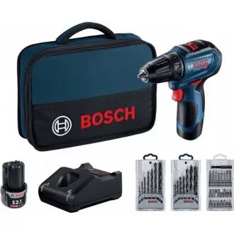 BOSCH GSR 12V-30, Akku-Bohrschrauber, 0 - 420 / 0 - 1.600 U/min, 8 mm, Bitsatz und Bohrer, Tasche