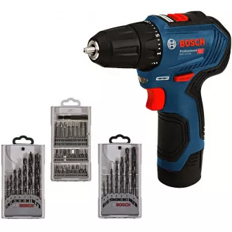 BOSCH GSR 12V-30, Akku-Bohrschrauber, 0 - 420 / 0 - 1.600 U/min, 8 mm, Bitsatz und Bohrer, Tasche