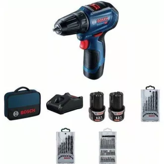 BOSCH GSR 12V-30, Akku-Bohrschrauber, 0 - 420 / 0 - 1.600 U/min, 8 mm, Bitsatz und Bohrer, Tasche