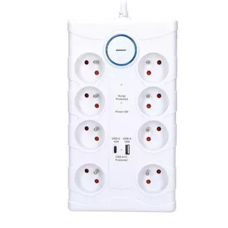Solight Überspannungsschutz, 8z, USB A C, 2m, weiß