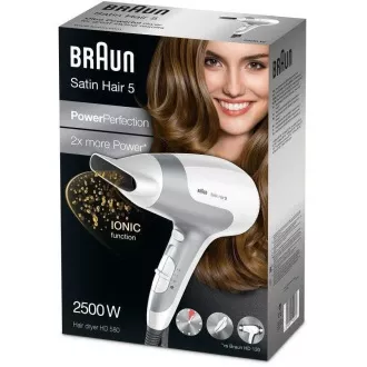 Braun Satin Hair 5 HD580 Haartrockner, 2500 W, 2 Geschwindigkeiten, 3 Temperaturen, Aufhängeöse, weiß