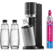 SodaStream Duo Titan Promo-Pack Sodamaschine, 2 Glasflaschen, 1 Kunststoffflasche, CO2-Flasche, schwarz