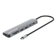 MANHATTAN USB-C 7in1 Dockingstation, 1xHDMI, 2xUSB-C, 2xUSB, SD-Kartenleser, grau