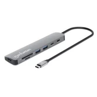 MANHATTAN USB-C 7in1 Dockingstation, 1xHDMI, 2xUSB-C, 2xUSB, SD-Kartenleser, grau