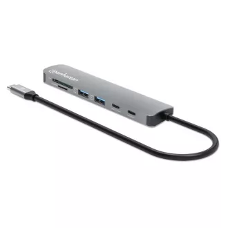 MANHATTAN USB-C 7in1 Dockingstation, 1xHDMI, 2xUSB-C, 2xUSB, SD-Kartenleser, grau