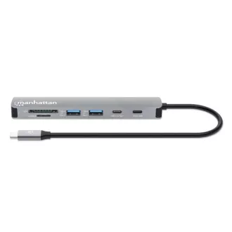MANHATTAN USB-C 7in1 Dockingstation, 1xHDMI, 2xUSB-C, 2xUSB, SD-Kartenleser, grau