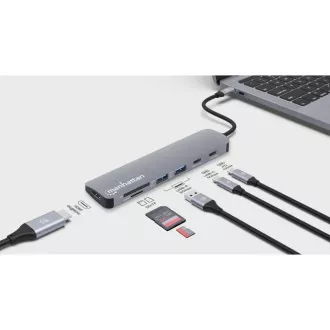 MANHATTAN USB-C 7in1 Dockingstation, 1xHDMI, 2xUSB-C, 2xUSB, SD-Kartenleser, grau