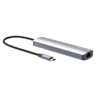 MANHATTAN USB-C 7in1 Dockingstation, 1xHDMI, 1xUSB-C, 2xUSB, 1xRJ45, SD-Kartenleser, grau