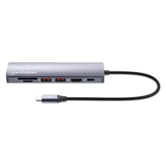 MANHATTAN USB-C 7in1 Dockingstation, 1xHDMI, 1xUSB-C, 2xUSB, 1xRJ45, SD-Kartenleser, grau