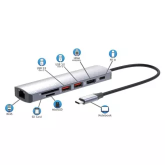 MANHATTAN USB-C 7in1 Dockingstation, 1xHDMI, 1xUSB-C, 2xUSB, 1xRJ45, SD-Kartenleser, grau