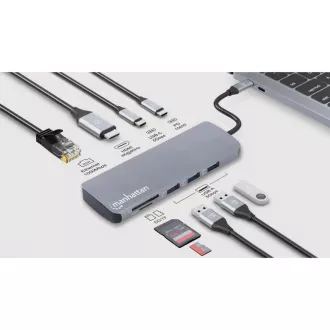 MANHATTAN Dockingstation USB-C 9v1, 1xHDMI, 2xUSB-C, 3xUSB, 1xRJ45, SD-Kartenleser, grau MANHATTAN Dockingstation USB-C 9v1, 1xHDMI, 2xUSB-C, 3xUSB, 1xRJ45, SD-Kartenleser, grau