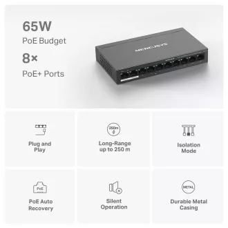 MERCUSYS Schalter MS110P (10x100Mb/s, 8xPoE , 65W, lüfterlos) MERCUSYS Schalter MS110P (10x100Mb/s, 8xPoE , 65W, lüfterlos)