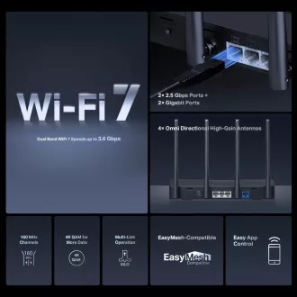 MERCUSYS MR27BE EasyMesh WiFi7 Router (BE3600, 2, 4GHz/5GHz, 1x2, 5GbEWAN, 1x2, 5GbELAN, 2xGbE)