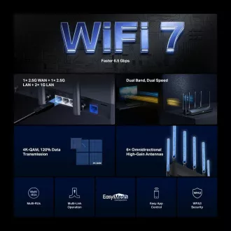 MERCUSYS MR37BE EasyMesh WiFi7 Router (BE6500, 2, 4GHz/5GHz, 1x2, 5GbEWAN, 1x2, 5GbELAN, 2xGbE)