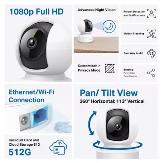 TP-Link Tapo C202 Heim-/Innenkamera, (2MP, Full HD 1080p, IR 12m, WiFi, 1x100Mbps, microSD)