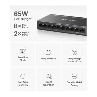 MERCUSYS Switch MS110CP (8x100Mb/s, 2xGbE, 8xPoE , 65W, lüfterlos) MERCUSYS Switch MS110CP (8x100Mb/s, 2xGbE, 8xPoE , 65W, lüfterlos)