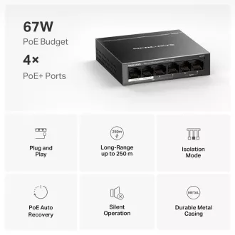 MERCUSYS Schalter MS106P (6x100Mbps, 4xPoE , 67W, lüfterlos) MERCUSYS Schalter MS106P (6x100Mbps, 4xPoE , 67W, lüfterlos)