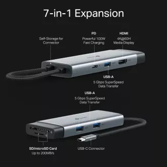 TP-Link UH7021C USB-C Hub 7in1 (3x USB3.2Gen1, 1xUSB-C3.2Gen1, 1xHDMI, 1xSD, 1xmicroSD, PD 100W)