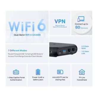 TP-Link TL-WR3002X tragbarer WiFi6-Router (AX3000, 2, 4GHz/5GHz, 1x2, 5GbE WAN, 1xGbE LAN, 1xUSB3.0) TP-Link TL-WR3002X tragbarer WiFi6-Router (AX3000, 2, 4GHz/5GHz, 1x2, 5GbE WAN, 1xGbE LAN, 1xUSB3.0)