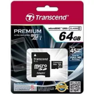 TRANSCEND MicroSDXC-Karte 64GB Premium, Klasse 10 UHS-I 400x (R: 85 / B: 35 MB / s) + Adapter