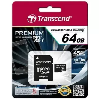 TRANSCEND MicroSDXC-Karte 64GB Premium, Klasse 10 UHS-I 400x (R: 85 / B: 35 MB / s) + Adapter