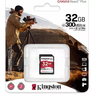 Kingston 32GB Canvas React Plus SDHC UHS-II 300R/260W U3 V90 für Full HD/4K/8K