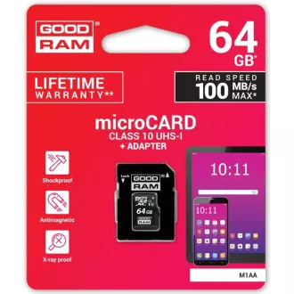GOODRAM MicroSDXC-Karte 64GB M1AA, UHS-I Class 10, U1 + Adapter GOODRAM MicroSDXC-Karte 64GB M1AA, UHS-I Class 10, U1 + Adapter