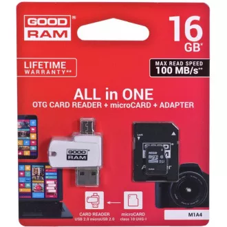 GOODRAM microSDHC-Karte 16GB M1A4 All-in-One (R: 100/W: 10 MB/s), UHS-I Class 10, U1 + Adapter + OTG-Kartenleser