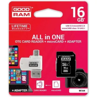 GOODRAM microSDHC-Karte 16GB M1A4 All-in-One (R: 100/W: 10 MB/s), UHS-I Class 10, U1 + Adapter + OTG-Kartenleser