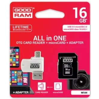 GOODRAM microSDHC-Karte 16GB M1A4 All-in-One (R: 100/W: 10 MB/s), UHS-I Class 10, U1 + Adapter + OTG-Kartenleser