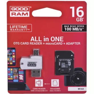 GOODRAM microSDHC-Karte 16GB M1A4 All-in-One (R: 100/W: 10 MB/s), UHS-I Class 10, U1 + Adapter + OTG-Kartenleser