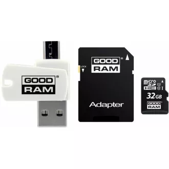 GOODRAM microSDHC-Karte 32GB M1A4 All-in-One (R: 100/W: 10 MB/s), UHS-I Class 10, U1 + Adapter + OTG-Kartenleser GOODRAM microSDHC-Karte 32GB M1A4 All-in-One (R: 100/W: 10 MB/s), UHS-I Class 10, U1 + Adapter + OTG-Kartenleser