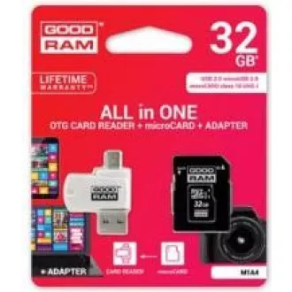 GOODRAM microSDHC-Karte 32GB M1A4 All-in-One (R: 100/W: 10 MB/s), UHS-I Class 10, U1 + Adapter + OTG-Kartenleser GOODRAM microSDHC-Karte 32GB M1A4 All-in-One (R: 100/W: 10 MB/s), UHS-I Class 10, U1 + Adapter + OTG-Kartenleser