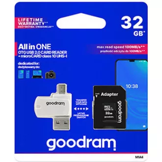 GOODRAM microSDHC-Karte 32GB M1A4 All-in-One (R: 100/W: 10 MB/s), UHS-I Class 10, U1 + Adapter + OTG-Kartenleser GOODRAM microSDHC-Karte 32GB M1A4 All-in-One (R: 100/W: 10 MB/s), UHS-I Class 10, U1 + Adapter + OTG-Kartenleser
