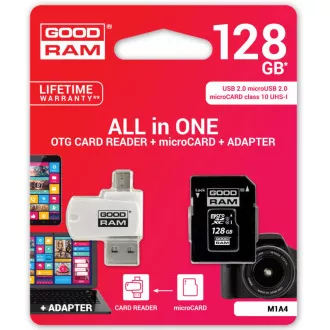 GOODRAM microSDXC-Karte 128 GB M1A4 All-in-One (R: 100 / W: 10 MB / s), UHS-I Class 10, U1 + Adapter + OTG-Kartenleser